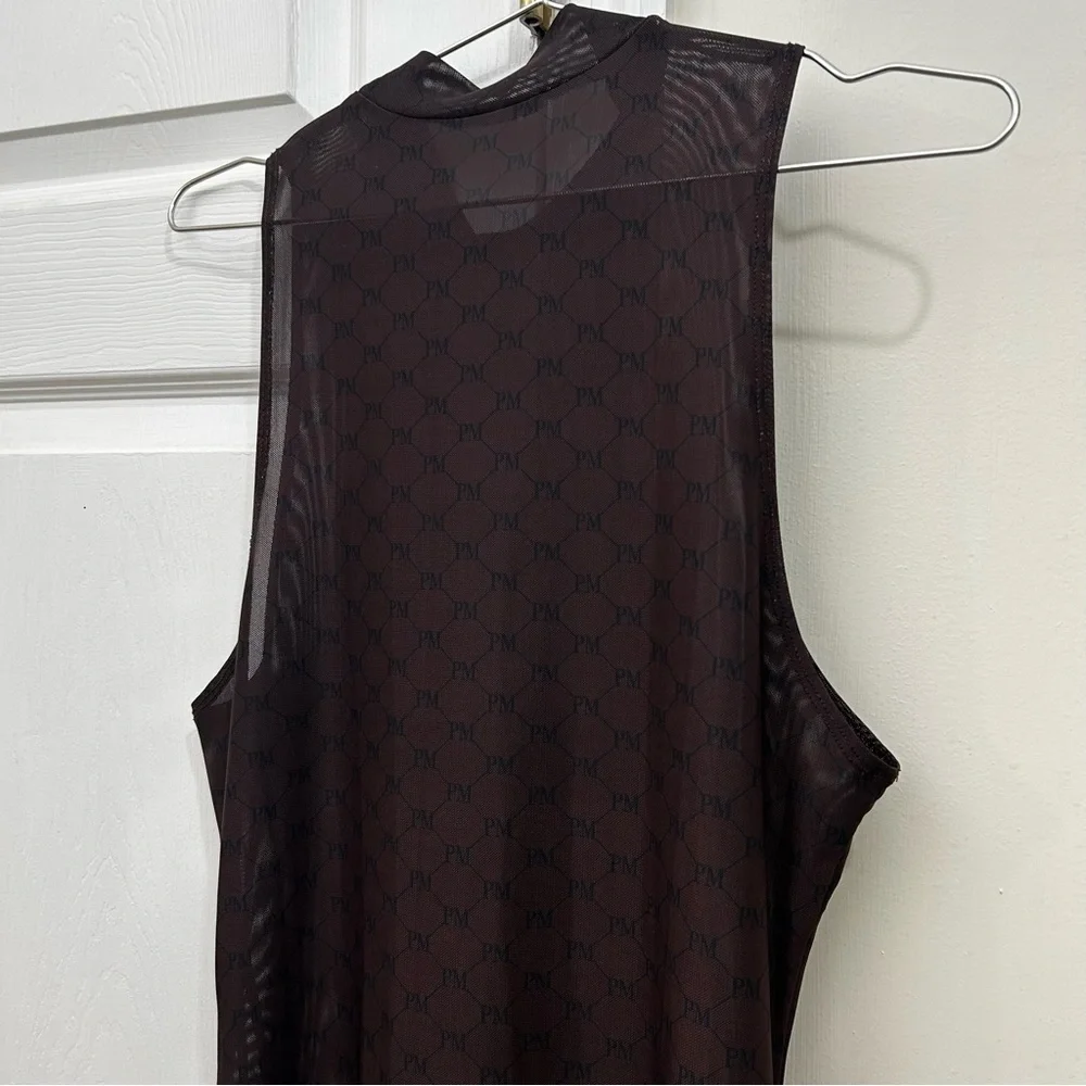 Peppermayo Brown w/ Black Signature Logo Sheer Maxi Sleeveless Dress Size 8